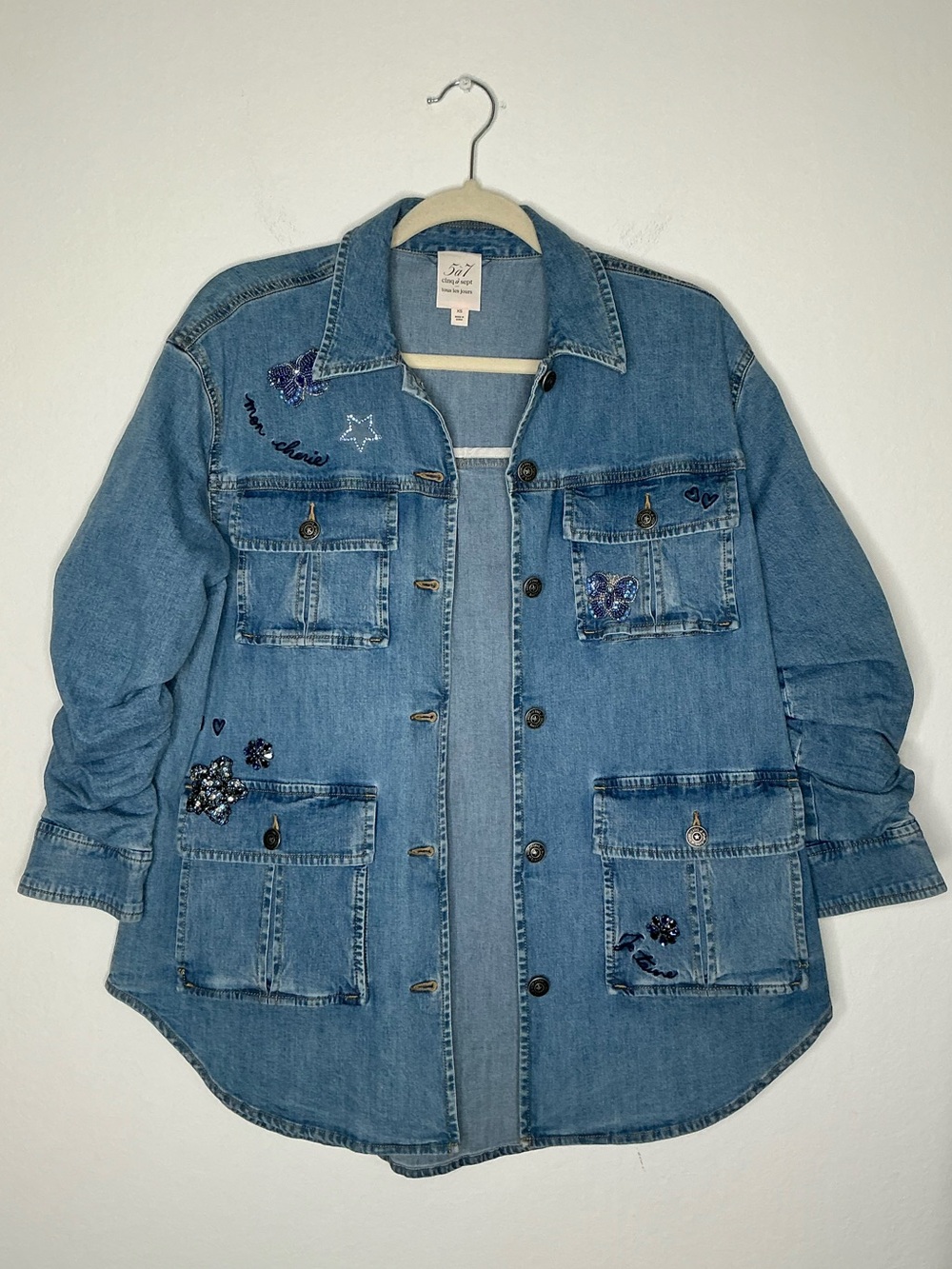 Cinq A Sept t Light Blue Embellished Denim Jacket Size XSmall